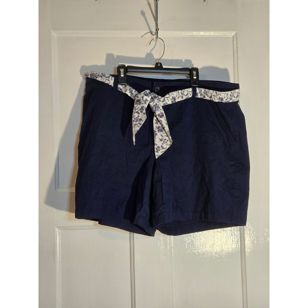 St. Johns Bay Navy Blue Chino Shorts with Floral Tie Belt Size 18 5 Inch Inseam